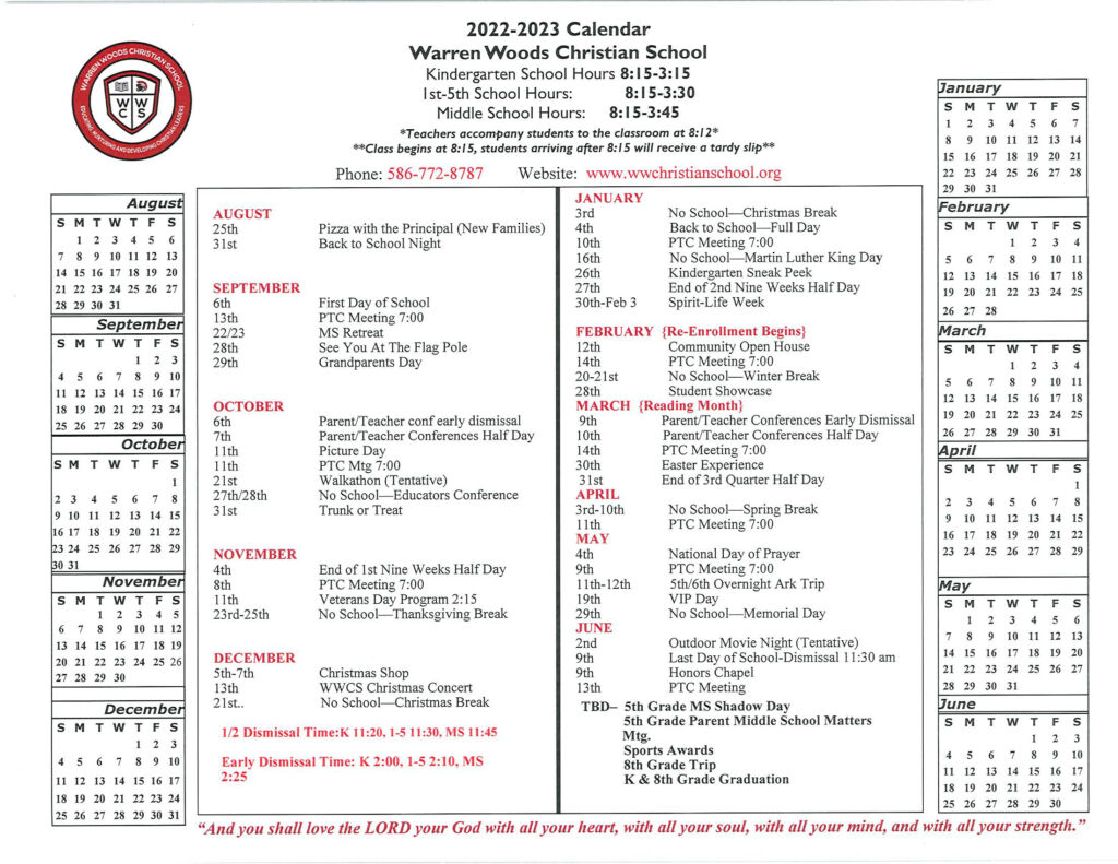 School Calendar - Warren Woods Christian School