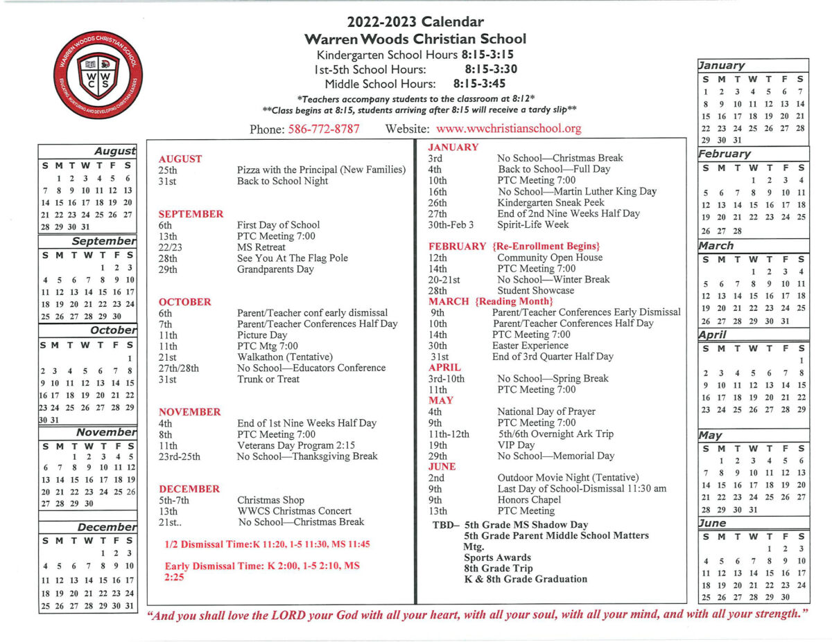 School Calendar - Warren Woods Christian School
